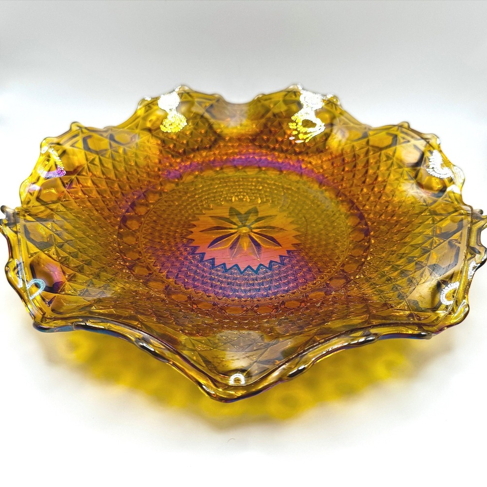 Vintage Indiana Glass Diamond Point Amber Carnival Glass Ruffled Bowl Starburst